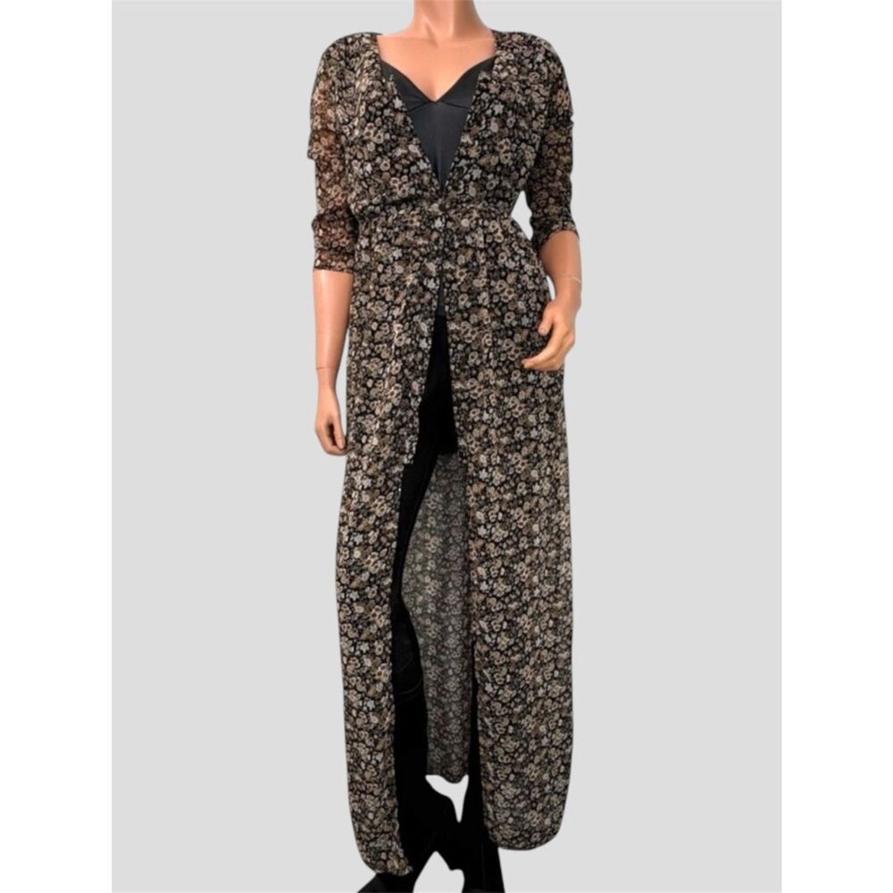 Bershka Maxi Micro Floral Brown Button Down Dress S High Split Duster Y2K Indie